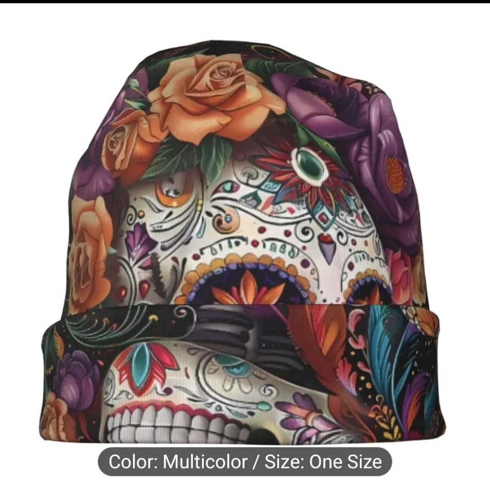 Colorful Skull Print Slouch Beanie - Picture 3 of 8